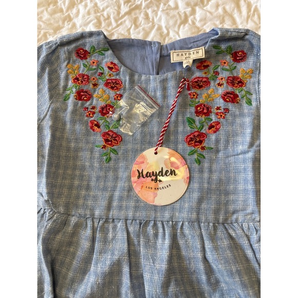 Hayden Girls Other - Hayden Girls Blue Plaid Floral Embroidered Babydoll Top Long Sleeve Size 7/8 NWT